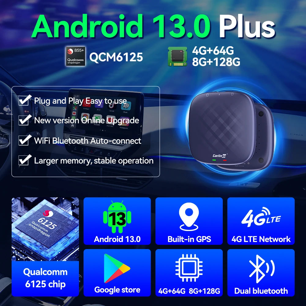 Android 13 CarlinKit Android Auto Wireless CarPlay AI TV Box QCM6125 8-Core Split Screen 64G 128G For Netflix YouTube Play Store