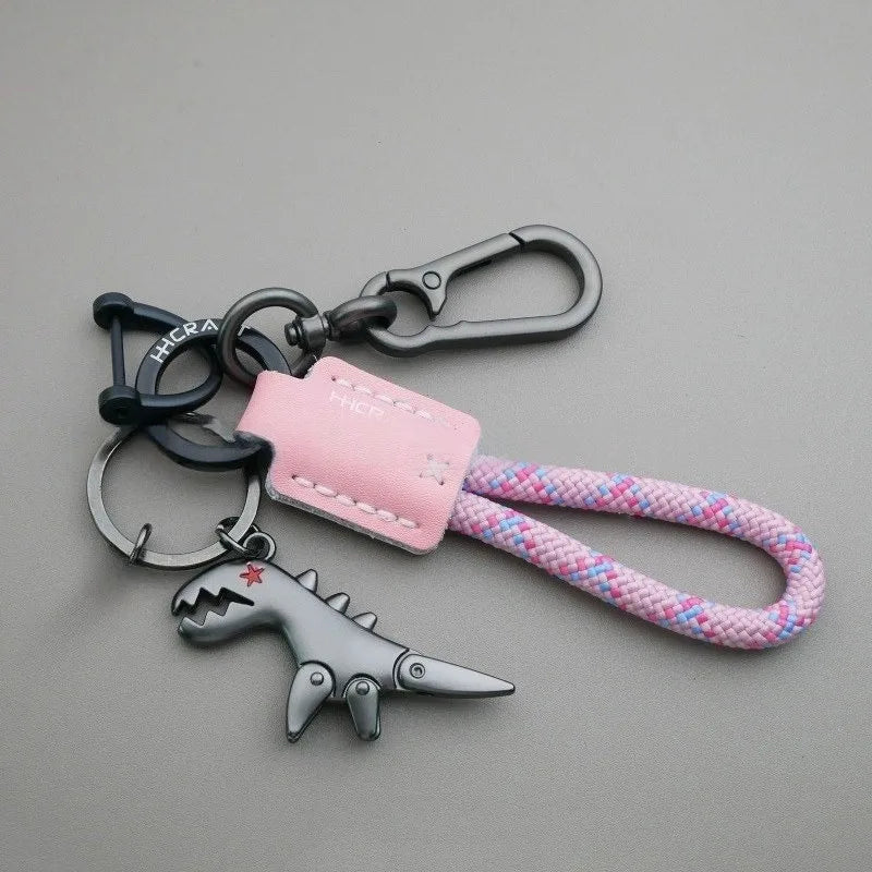 Dinosaur Keychain for Car Motorcycle, Woven Leather Metal Key Chain, Handbag Backpack Charm Gift Ideas