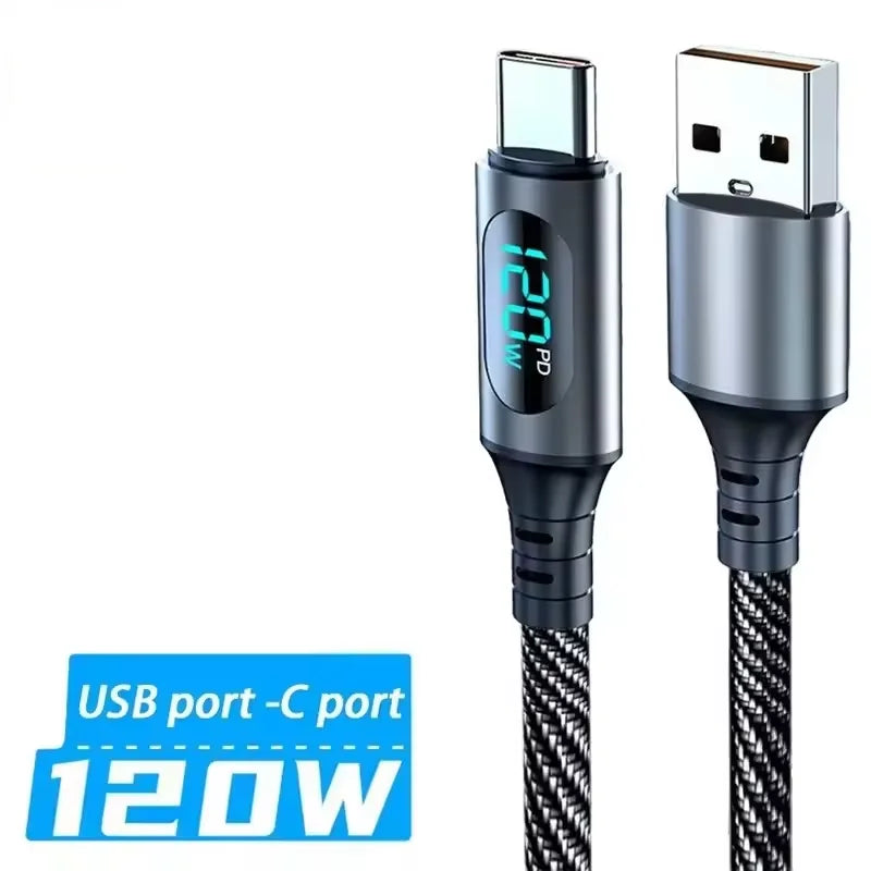 120W Ultra Fast Charge Type C USB Cable LED Digital Display Quick Charging Data Cord For iPhone Samsung Redmi Huawei 2026 New