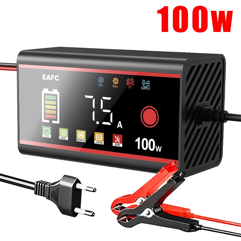 EAFC Large Power 200W 100W Battery Charger 12V/24V Car Battery Charger Smart Pulse Repair for Car LiFePO4 AGM GEL WET Lead Acid