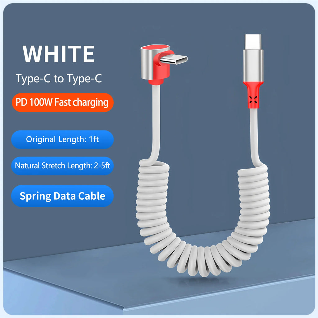Elbow USB-C Retractable Spring Data Cable: Supports fast charging, compatible with iPhone 15/16 Pro Max,CarPlay &Carlife+