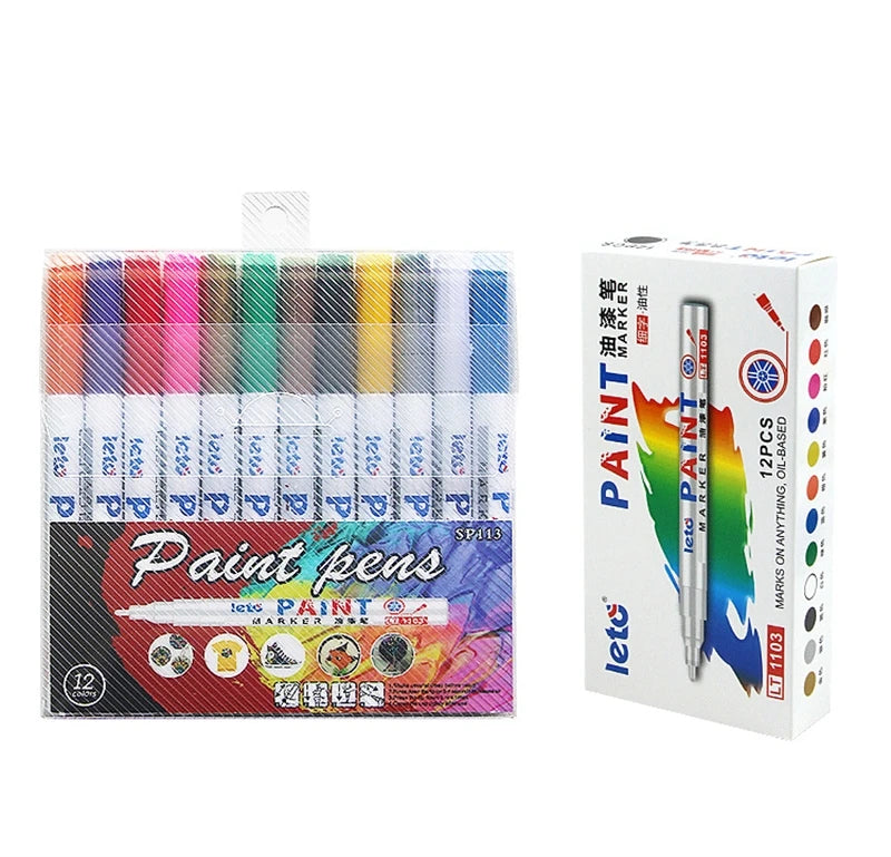 12PCS Waterproof Car Wheel Tire Oily Mark Pen Auto Rubber Tyre Colorful Permanent Painting Pen Graffiti Touch Up Paint Mark Pen