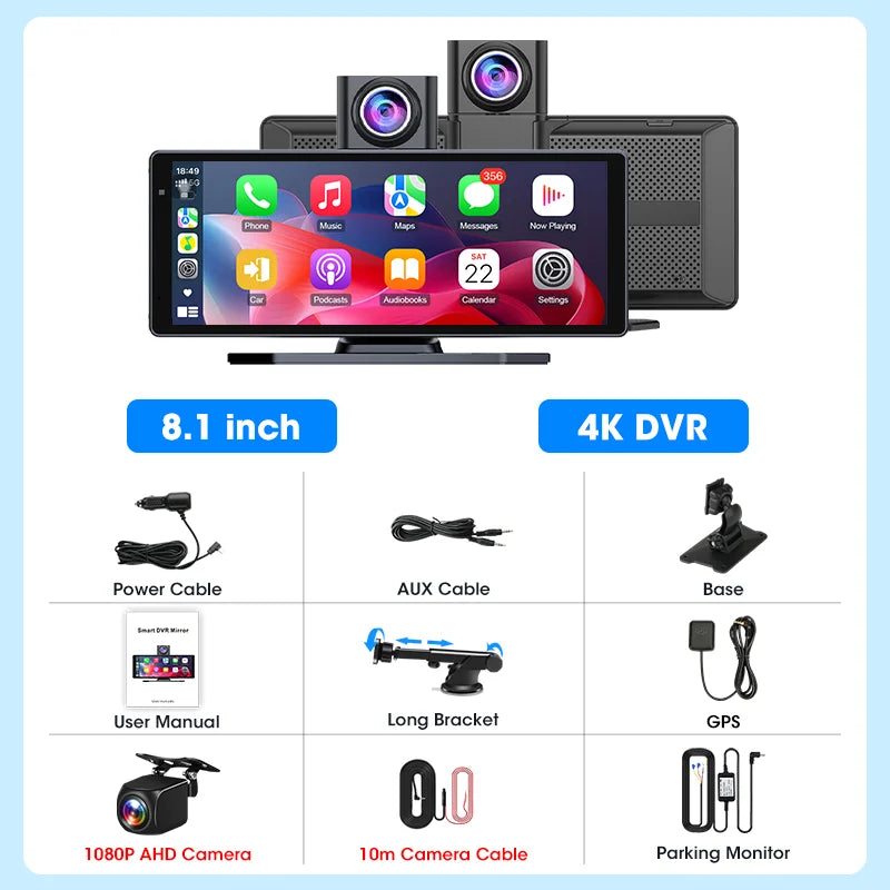 8.1 Inch Carplay & Android Auto 4K 2160P Wifi Dash Cam Rearview Camera Mirror Car DVR GPS Navigation Dual Lens Video Recorder