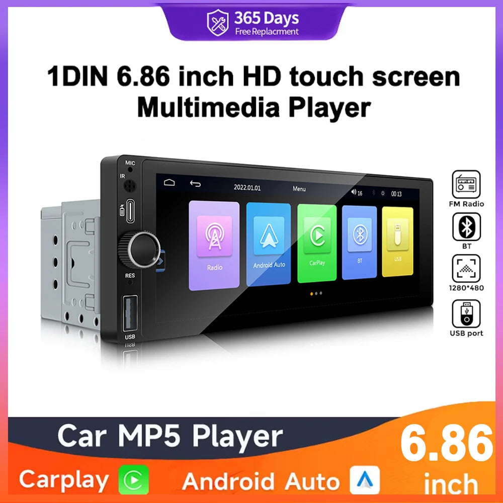 Universal 1 Din Android 6.86 Inch HD Touch Screen Wireless CarPlay Auto Car Radio Multimedia Video Player GPS FM