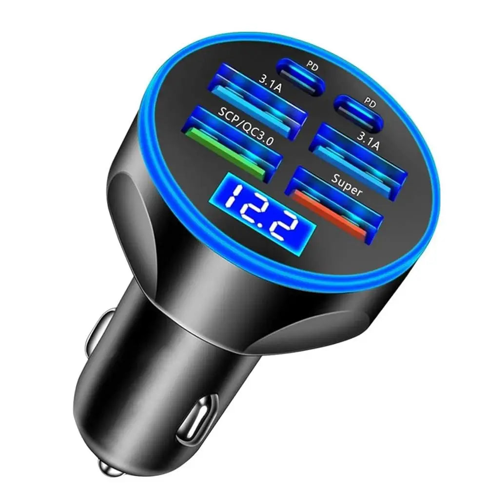 300W PD Car Charger QC3.1 Fast Charge 4USB+2PD ports Car Cigarette Lighter Plug Car Charger Flash Charge with Digital Display