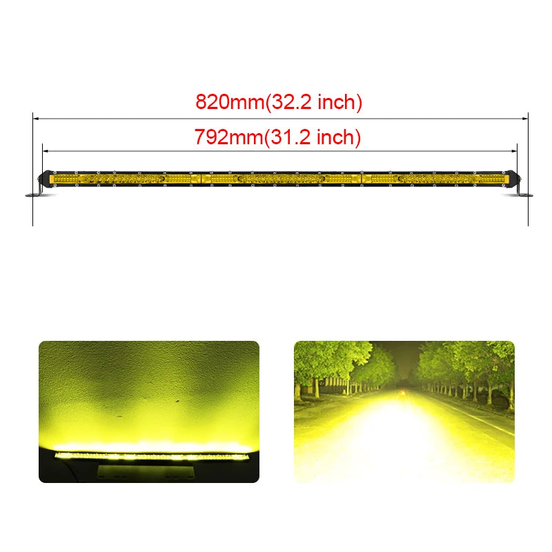 UNISHINE Single Row LED Light Bar 12V 24V 10-50inch Spot Flood Combo Beam LED Work Light Yellow Fog Lamps For 4X4 Trailer Auto