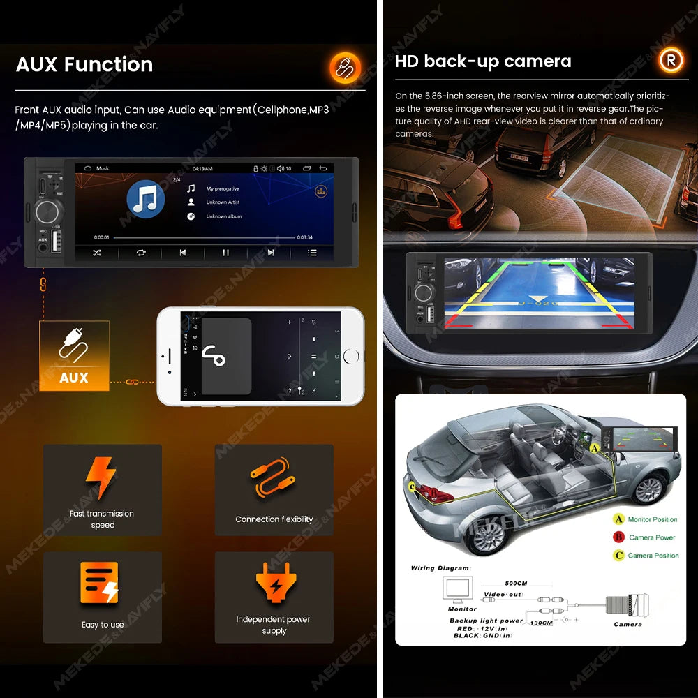 1Din Wireless CarPlay Android AUTO HD touch screen Universal 6.86'' Car Radio FM Stereo MP5 multimedia player BT TF port Camera
