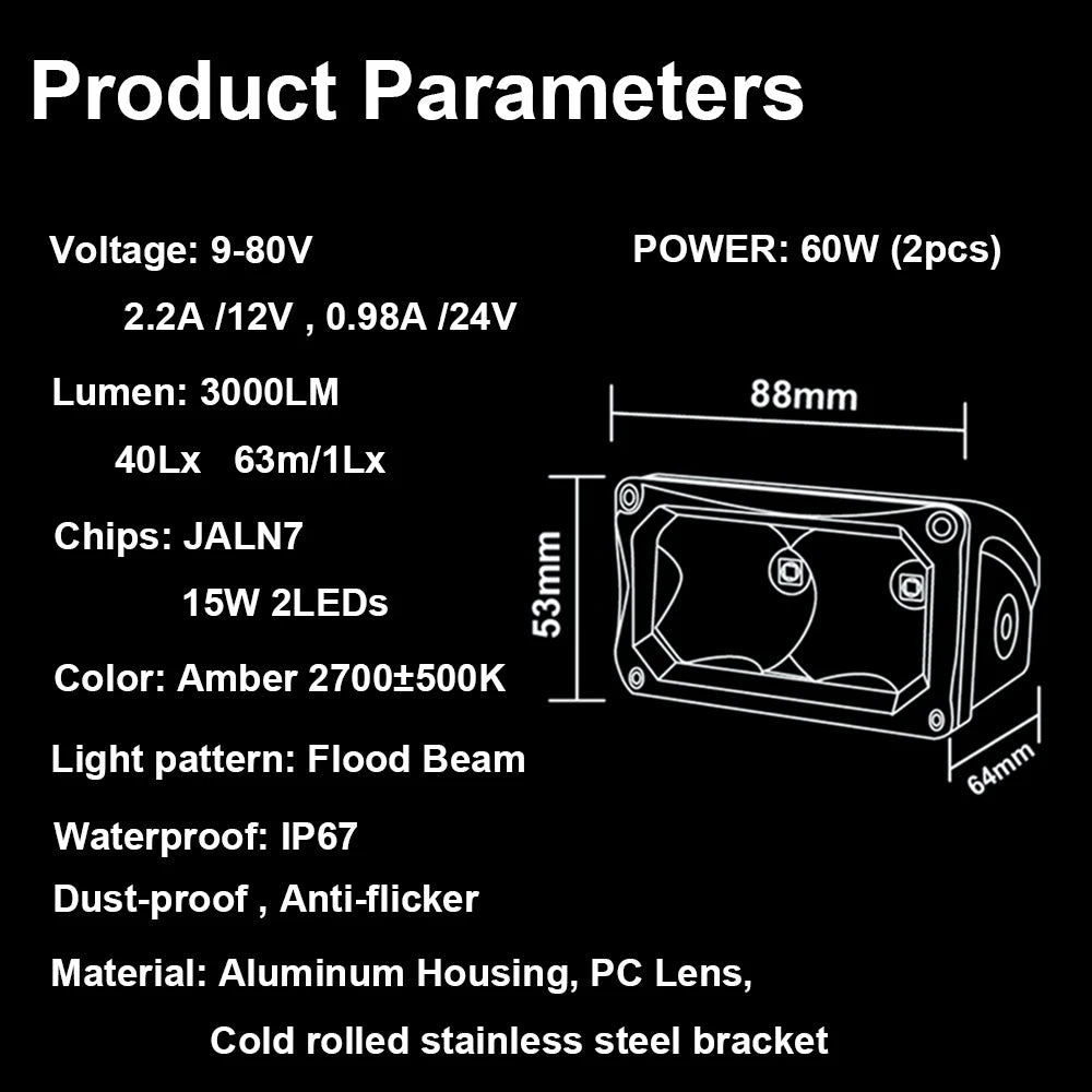 LED Pods LED Driving Lights 3.5 Inch 60W LED Spot Lights Off Road Backup Fog Spotlights Ditch Light 2 Pack for Motorcycle Truck