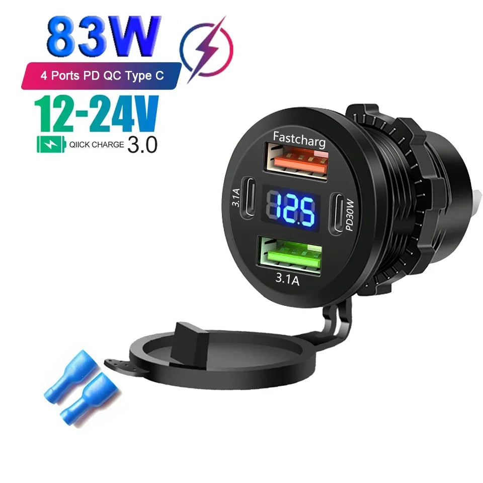 PD 3.0 QC 3.0 Car Charger Cigarette Lighter Socket Waterproof USB Fast Charge With Voltmeter Switch 12/24V Quick Charger Adapter