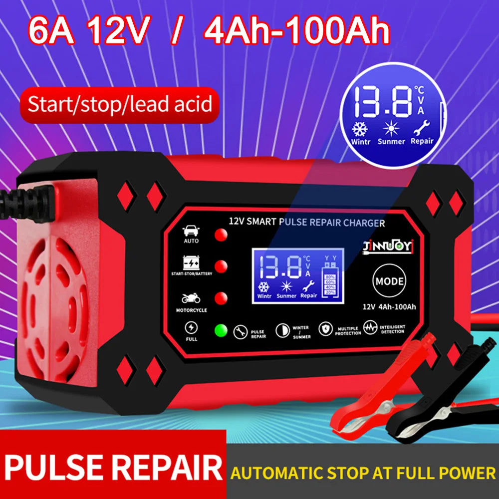 Car Battery Charger 6A 12V Pulse Repair LCD Display Smart Fast Charge AGM Deep Cycle GEL Lead-Acid Charger For Auto Motorcycle