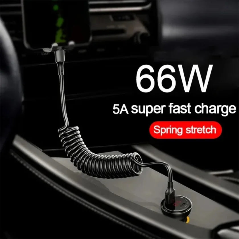 66W Car 5A Fast Charging USB Type C Spring Telescopic Cable For iPhone 16 15 14 13 Samsung Huawei Xiaomi Redmi OnePlus 1m Charge