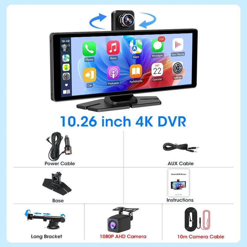 Develuck 10.26" Rotating Carplay Screen 4K Car DVR Rearview Camera Android auto Dash Cam Video Recorder GPS Navigation Dashboard