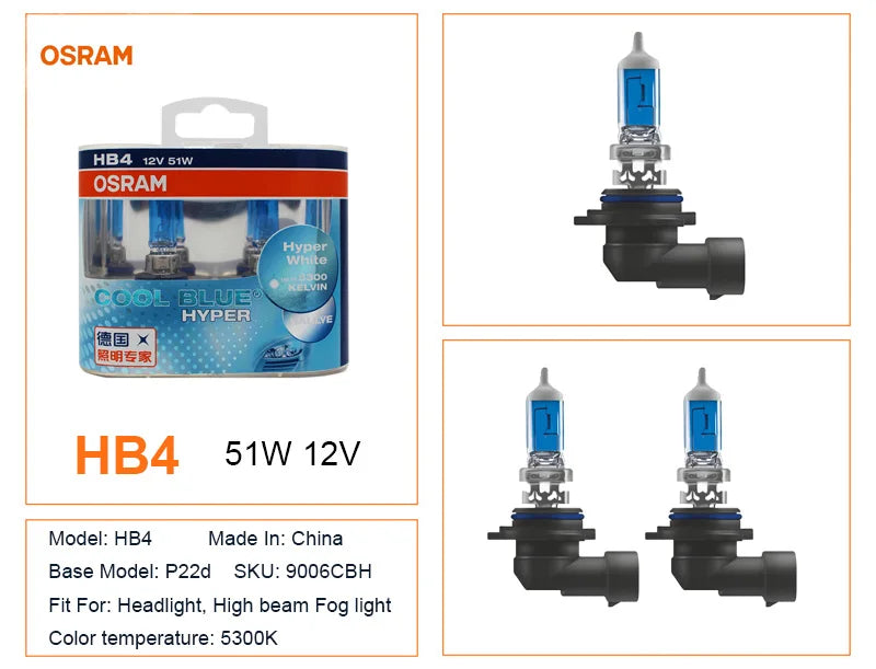 OSRAM  H7 H4 H1 H11 HB3 9005 HB4 9006 Halogen Headlight Car Light Hi/Lo Beam 5300K 12V 55W Cool Blue Hyper White Bulb(2 Pieces)