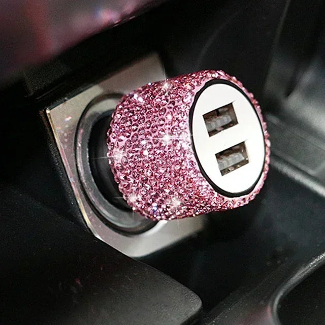 NEW USB Car Charger Pink Crystal Diamond 5V 2.1A Dual Port Fast Charging Adapter 3 in 1 Cable for IPhone Samsung Huawei