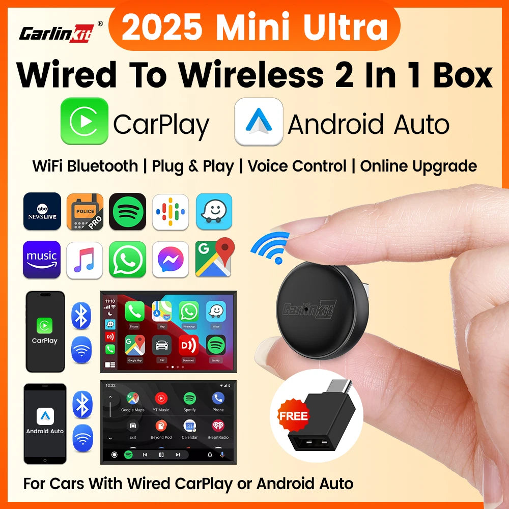 Mini Ultra 3 CarlinKit 5.0 Wireless Adapter Wireless CarPlay Android Auto For OEM Car Plug & Play WiFi Bluetooth Auto Connection