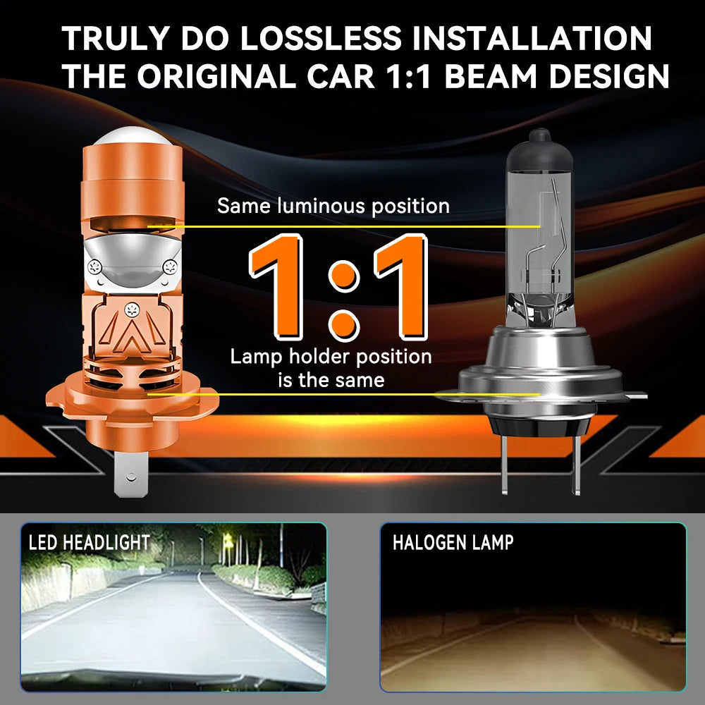 Mini H7 Led Headlight Lamp CANBUS 3 Colors Projector Lens Bulb Hi/Low Beam 800000LM 2000W Auto Headlamps 6000K White Plug&Play