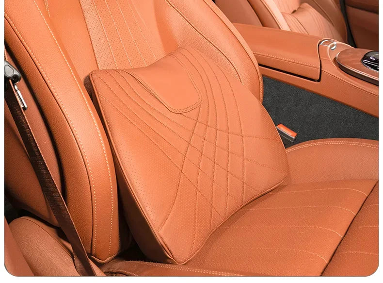 Car Neck Pillow Memory Foam Leather Auto Headrest And Back Cushion Set Seat Lumbar Waist Support Sewing Head Protective Cover