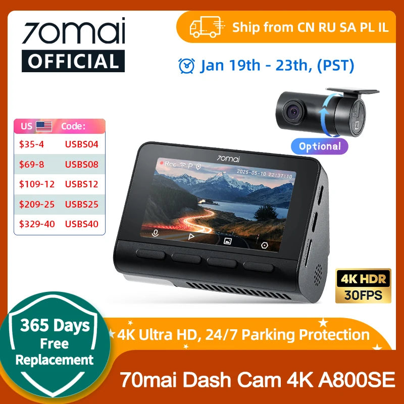 70mai 4K Dash Cam A800SE Upgraded Version of 70mai A800S Voice Control Supercapatior GPS ADAS Car DVR 70mai A800SE UHD Wifi 6