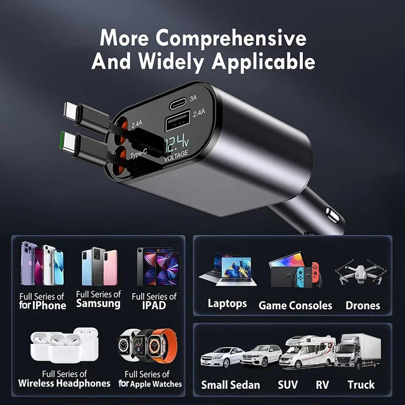 120W Retractable Car Charger 4 in 1 Car Fast Charger For IPhone Samsung USB Type C Cable Fast Cord Cigarette Lighter Adapter