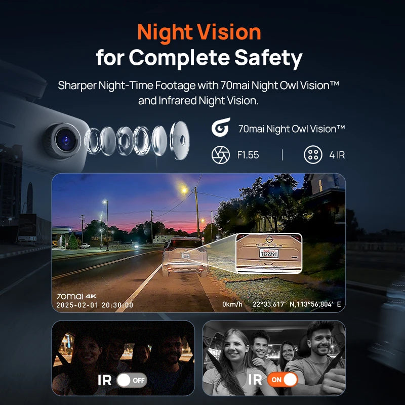 70mai 4K T800E 3-Channel Dash Cam Front Rear Interior 3 in 1 Voice Control Support 24hours Parking Supercapacitor GPS 4K Car DVR