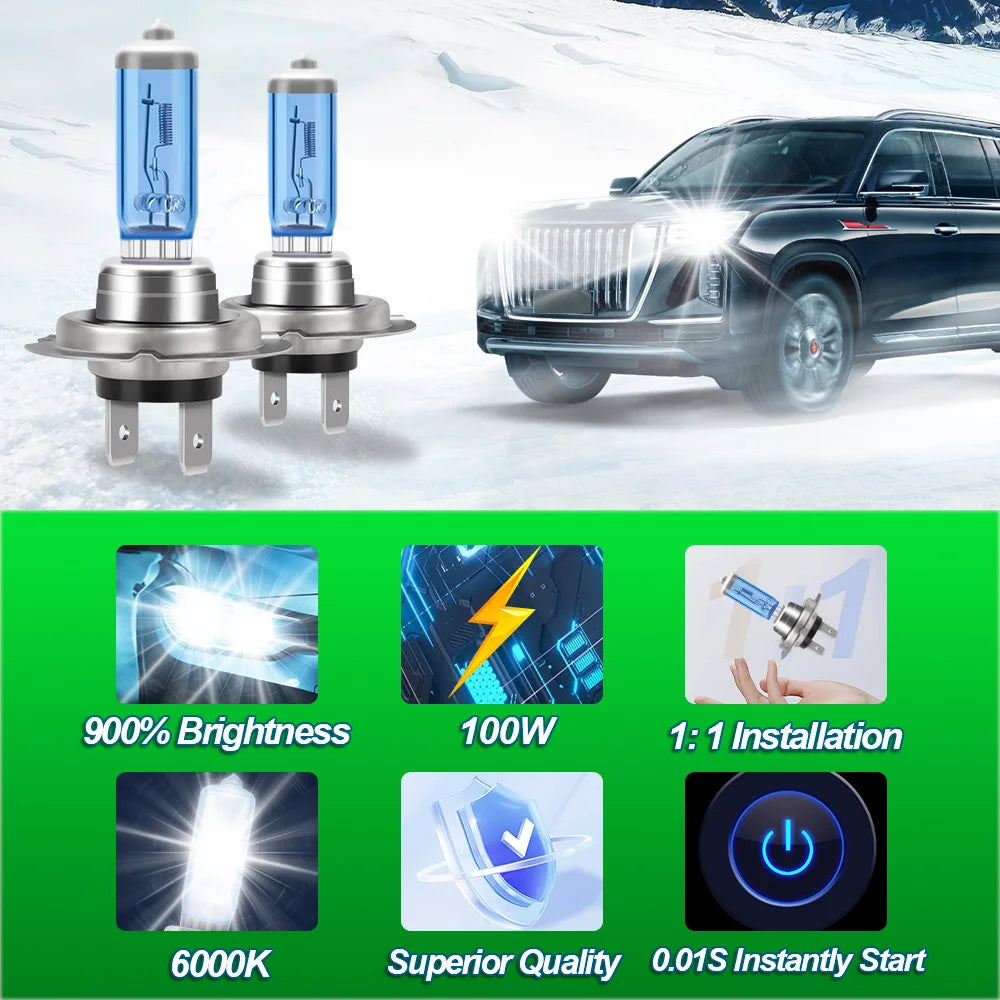 4Pcs Car H7 100W Halogen Headlight 6000K Super White Daytime Running Lamp High Power Light Bulb 12V Fog Lights