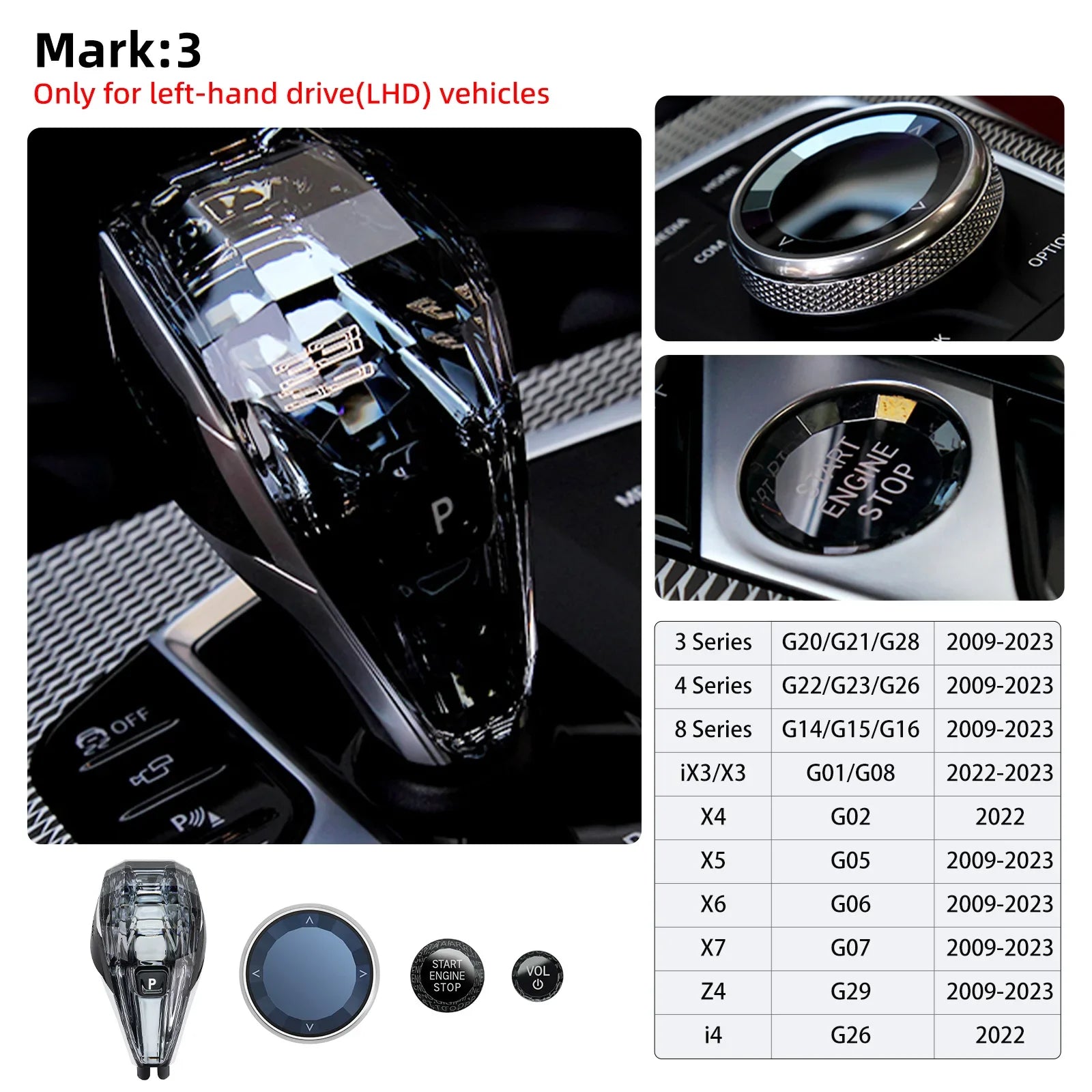 4 Piece Set Crystal Gear Shift Knob LHD for BMW X3/X5/X6 3/4/7 Series G20 G21 G28 G12 X6 G06 X7 G07 Ix3 G08 I4 G26 G70 X5 G05
