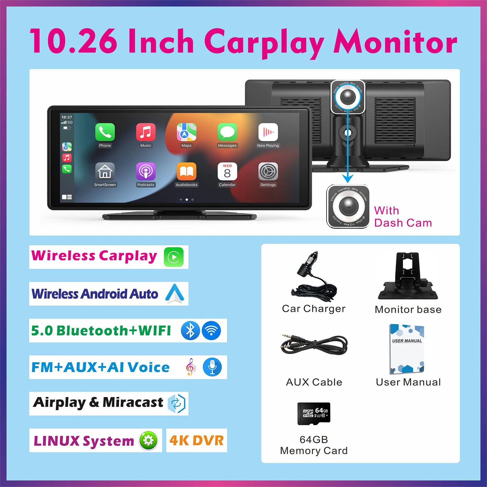 Pionray 9/11.26 inch CarPlay Screen Multimedia Video player Radio FM Compatible with car play Android Auto and Apple Carplay/GPS