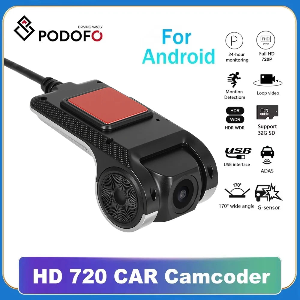 Podofo Dash Cam ADAS Car DVR ADAS Dashcam DVRs Video HD 720P USB TF Card 16G/32G Auto Recorder for Android Multimedia Player DVD