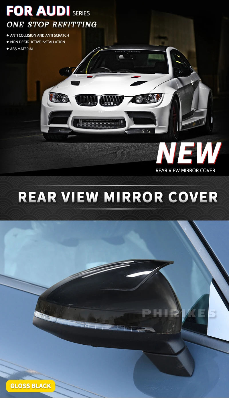 For Audi A4 A5 B9 Side Mirror Caps (Black Look) 2017 2018 2019 2020 2021 2022 S4 S5 RS5 allroad Quattro replace Covers ABT style