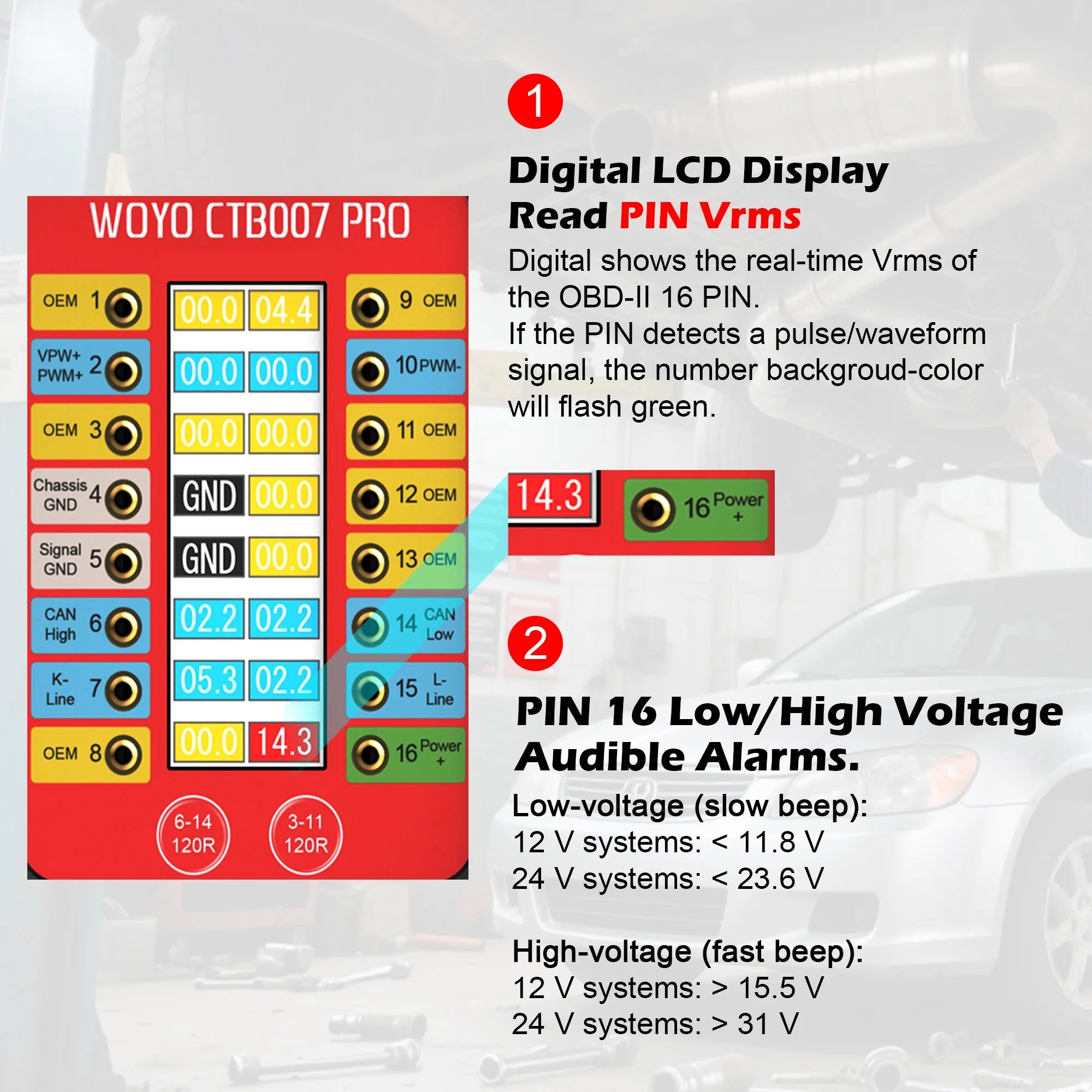 CTB007 PRO OBD2 Breakout Box with LCD Display 16PINs Vrms, ECU Testing on Bench with Built-in 120ohm Resistor, Diagnostic Tool