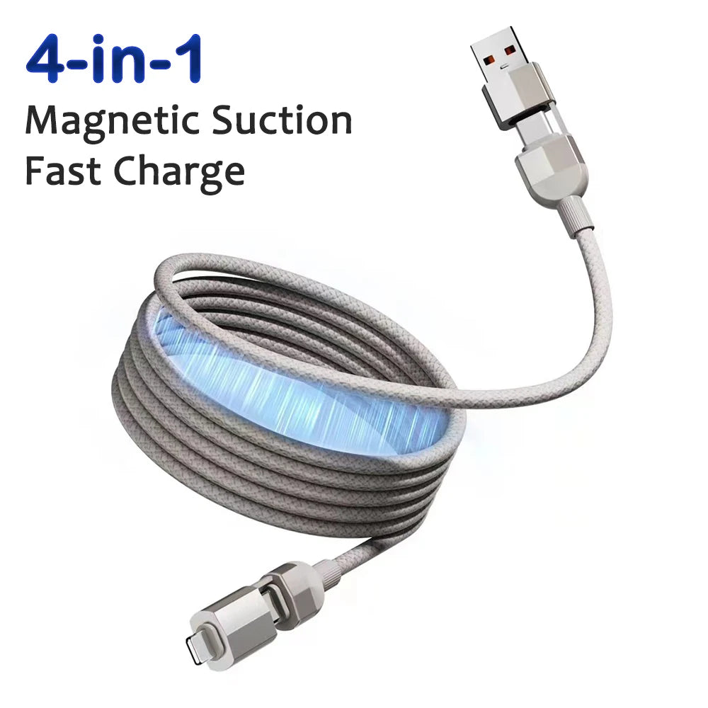 PD100w Magnetic Fast Charge Cable 4 in 1 Braid USB C Cable Retractable Anti-tangles Charging Cord for IPhone Laptop Car Charger