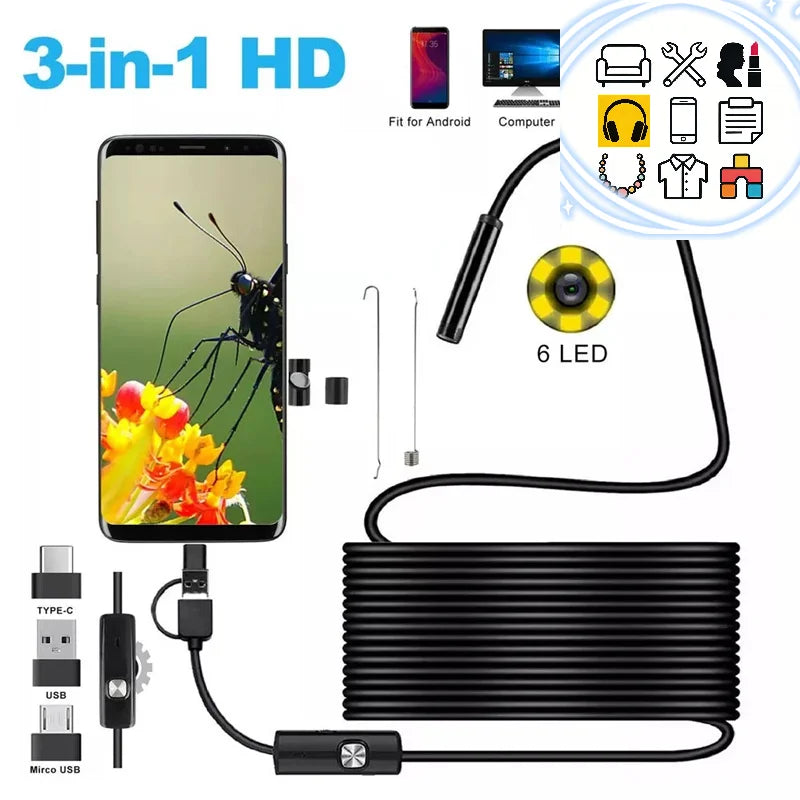 5.5MM Android Endoscope Camera 3 IN1 Micro USB Type C Borescope Mini Camera Waterproof LED Car Inspection For HUAWEI XIAOMI PC