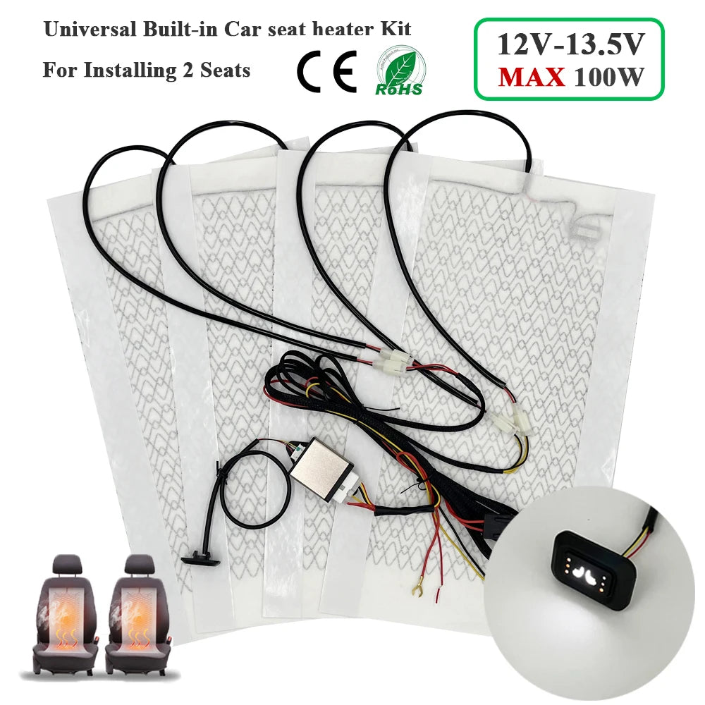 Universal Built-in Car Seat Heater Kit Fit 2 Seats 12V 100W Carbon Fiber Heating Pads with 3 Levels Control Switch System