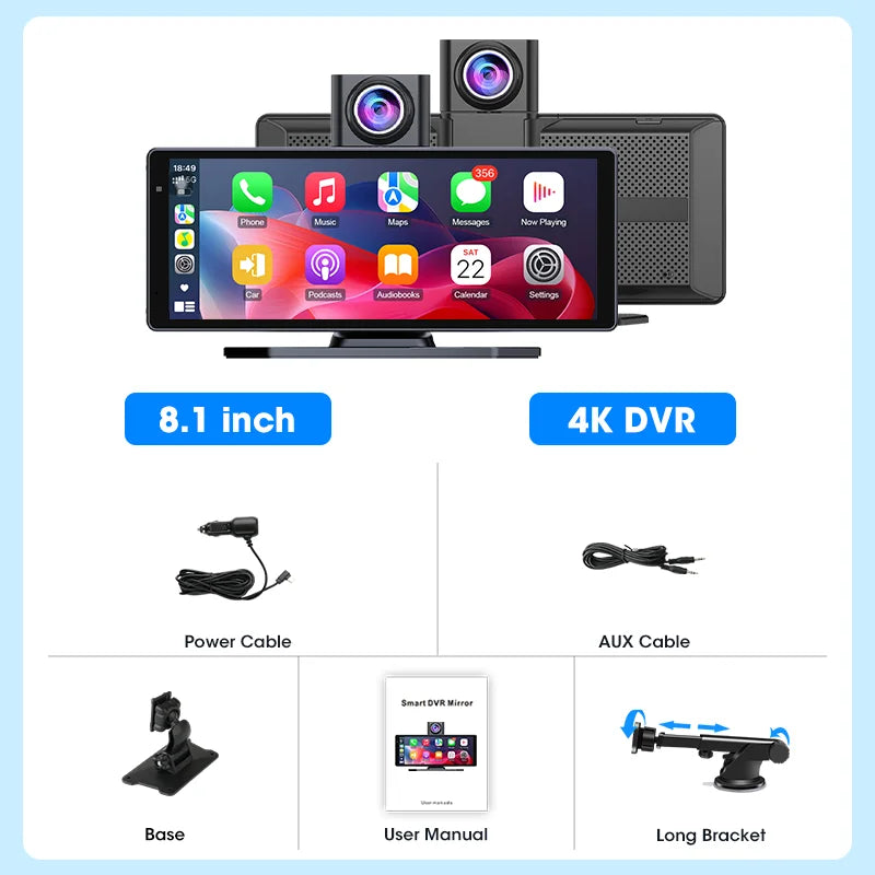 8.1 Inch Carplay & Android Auto 4K 2160P Wifi Dash Cam Rearview Camera Mirror Car DVR GPS Navigation Dual Lens Video Recorder