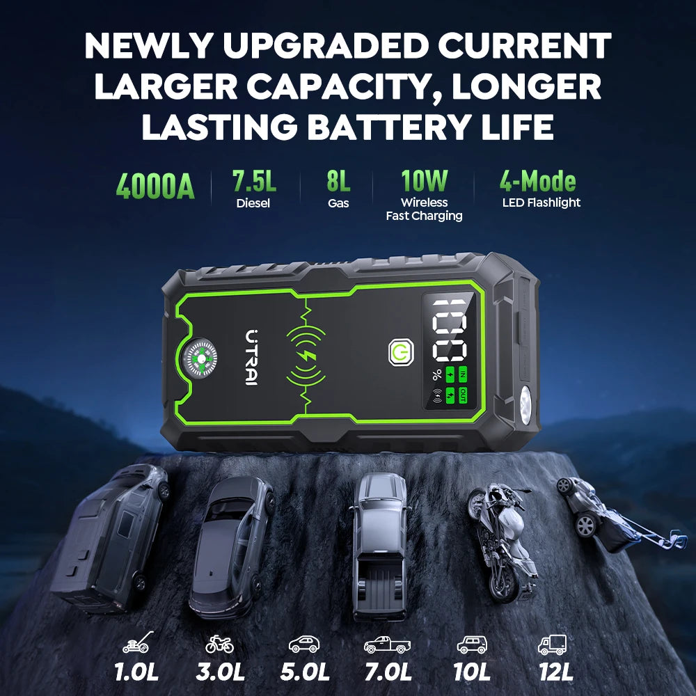 UTRAI Car Jump Starter 4000A Car Battery Starters 16000mAh Portable Power Bank 10W Wireless Charging Propulsion Booster For Car