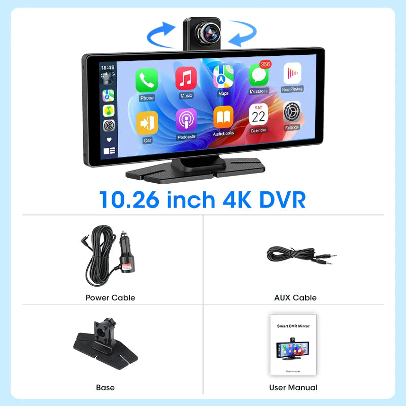 Develuck 10.26" Rotating Carplay Screen 4K Car DVR Rearview Camera Android auto Dash Cam Video Recorder GPS Navigation Dashboard