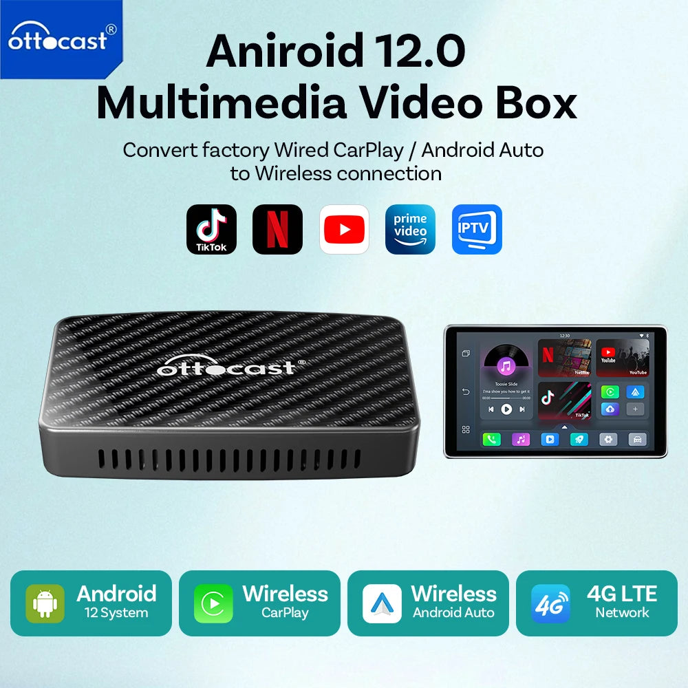 OTTOCAST Play2 Video Pro Carplay Ai Box Wireless Android Auto Adapter Built in Youtube Netflix For VW Benz Ford 99% of Cars