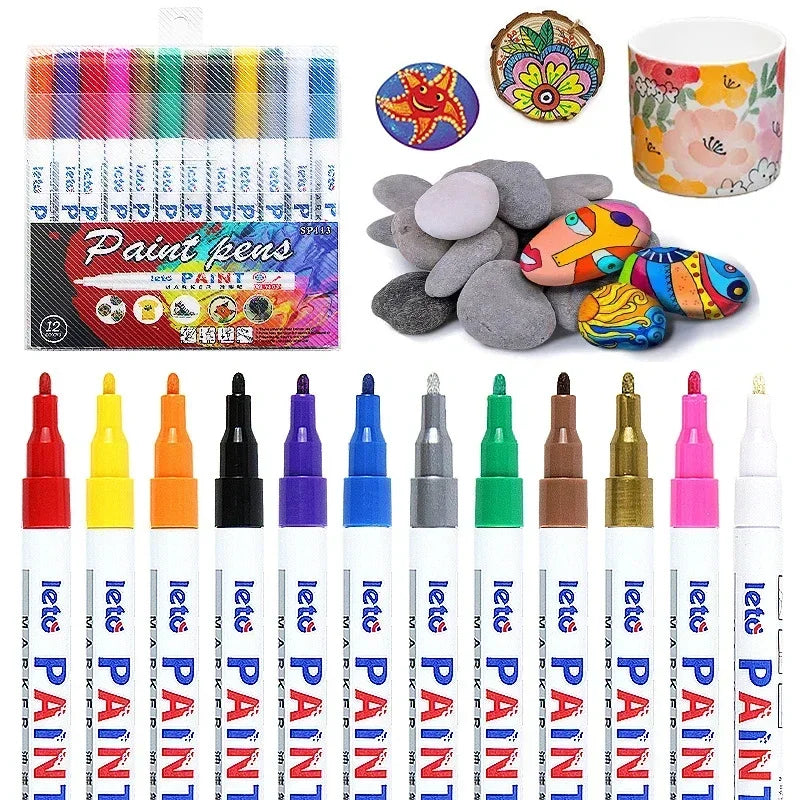 12PCS Waterproof Car Wheel Tire Oily Mark Pen Auto Rubber Tyre Colorful Permanent Painting Pen Graffiti Touch Up Paint Mark Pen