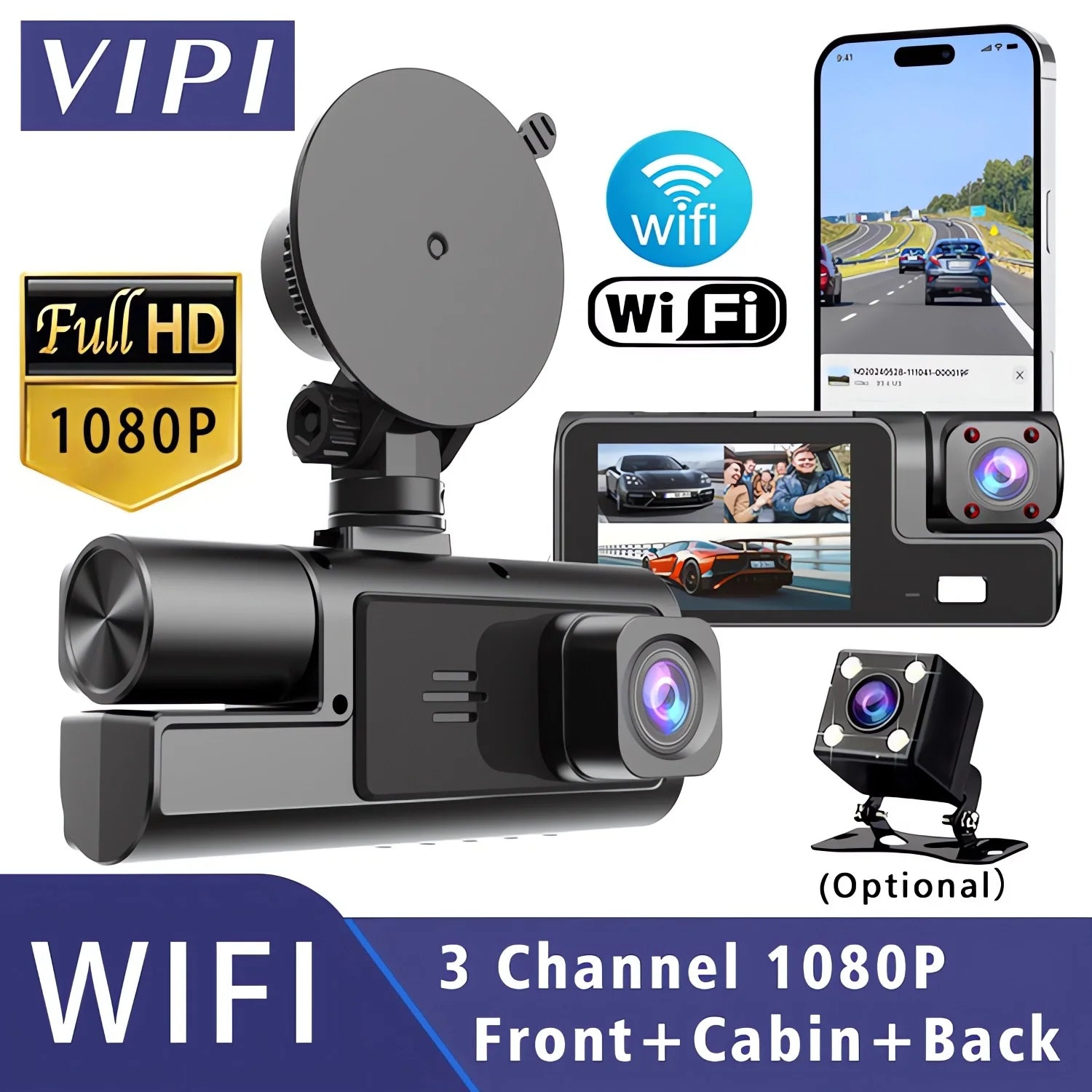 3 Cameras Car Dash Cam WiFi FHD 1080P Video Recorder 3 Channel Front Rear View Night Vision Black Box DVR for Vehicle Safety