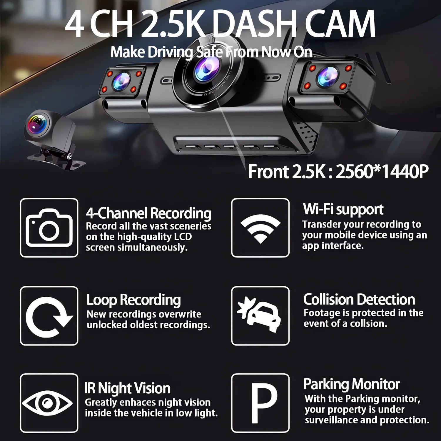 2.5K 2560P 4 Channel Full HD Car DVR Wifi Dash Cam 4 Cameras Dashcam Video Recorder Night Vision Black Box Cabin 24H Parking