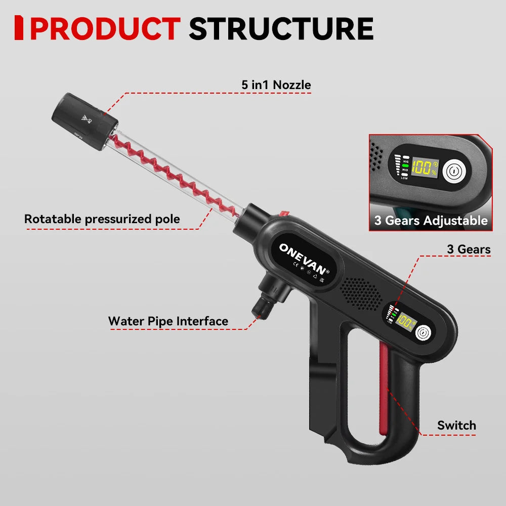 ONEVAN 3500W 220Bar Brushless Car Washing Machine Rechargeable  High Pressure Water Gun Wash Tools For Makita 18V Battery Pin
