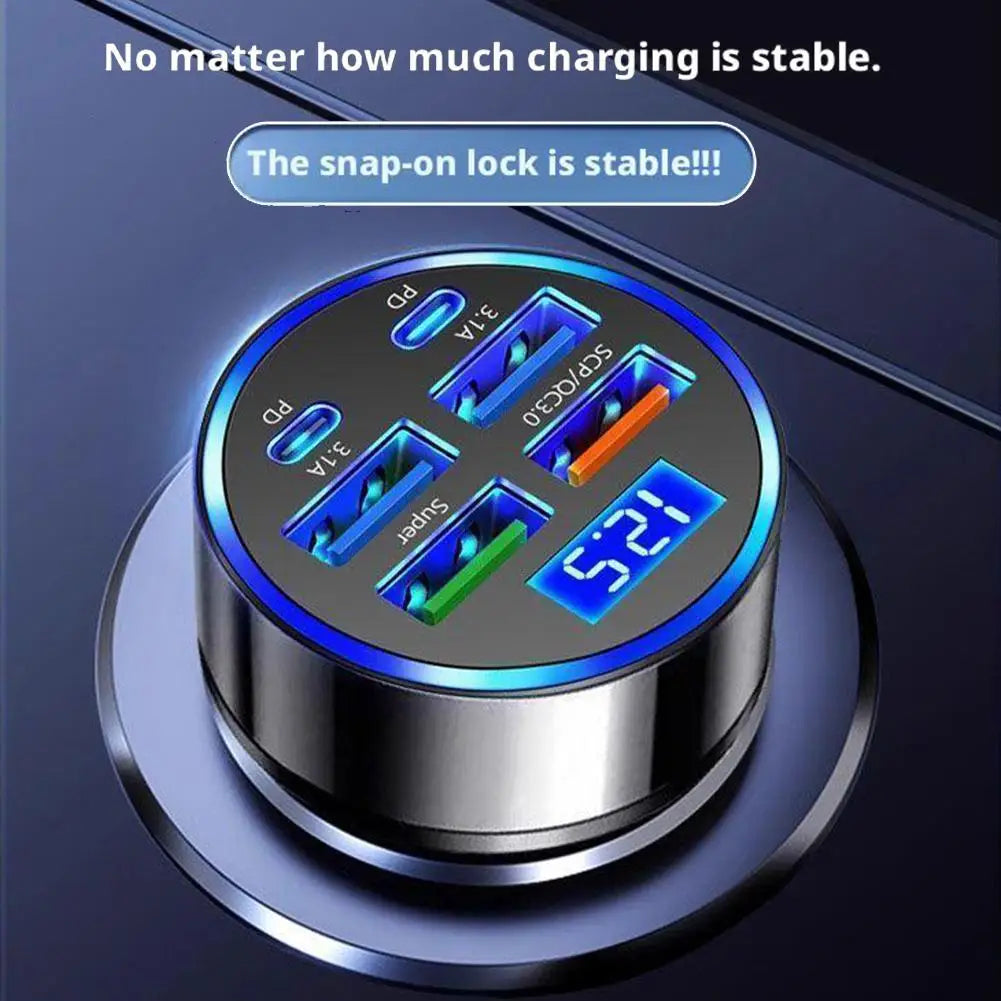 300W PD Car Charger QC3.1 Fast Charge 4USB+2PD ports Car Cigarette Lighter Plug Car Charger Flash Charge with Digital Display