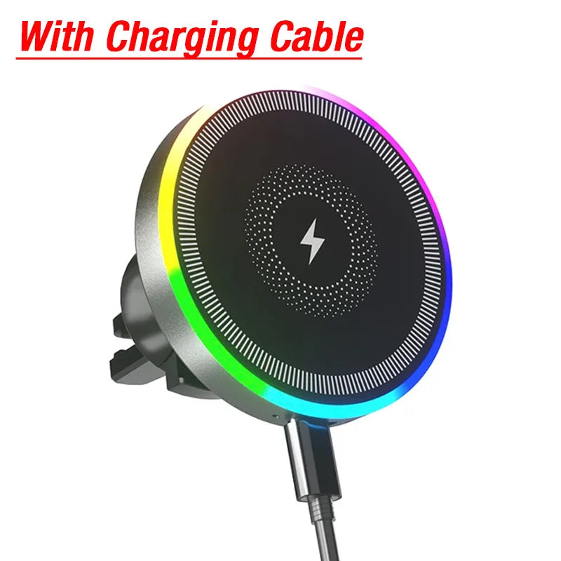RGB Light Car Magnetic Phone Holder Air Vent Stand Wireless Charger For Magsafe iPhone 16 15 14 13 12 Pro Max Fast Charging Dock