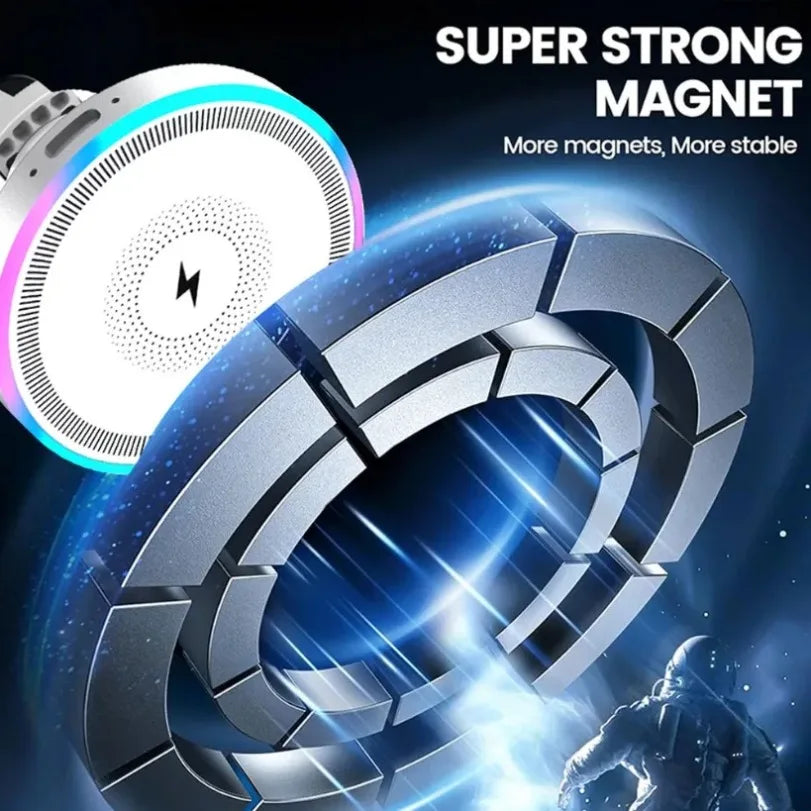 RGB Light Car Magnetic Phone Holder Air Vent Stand Wireless Charger For Magsafe iPhone 16 15 14 13 12 Pro Max Fast Charging Dock