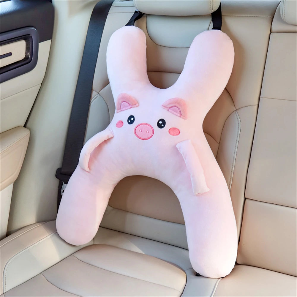 Kid Car Neck Pillow with Seat Belt Cute Cartoon Pillow Comfortable Breathable Car Mounted Child Sleeping Pillow Safety Sleep Aid