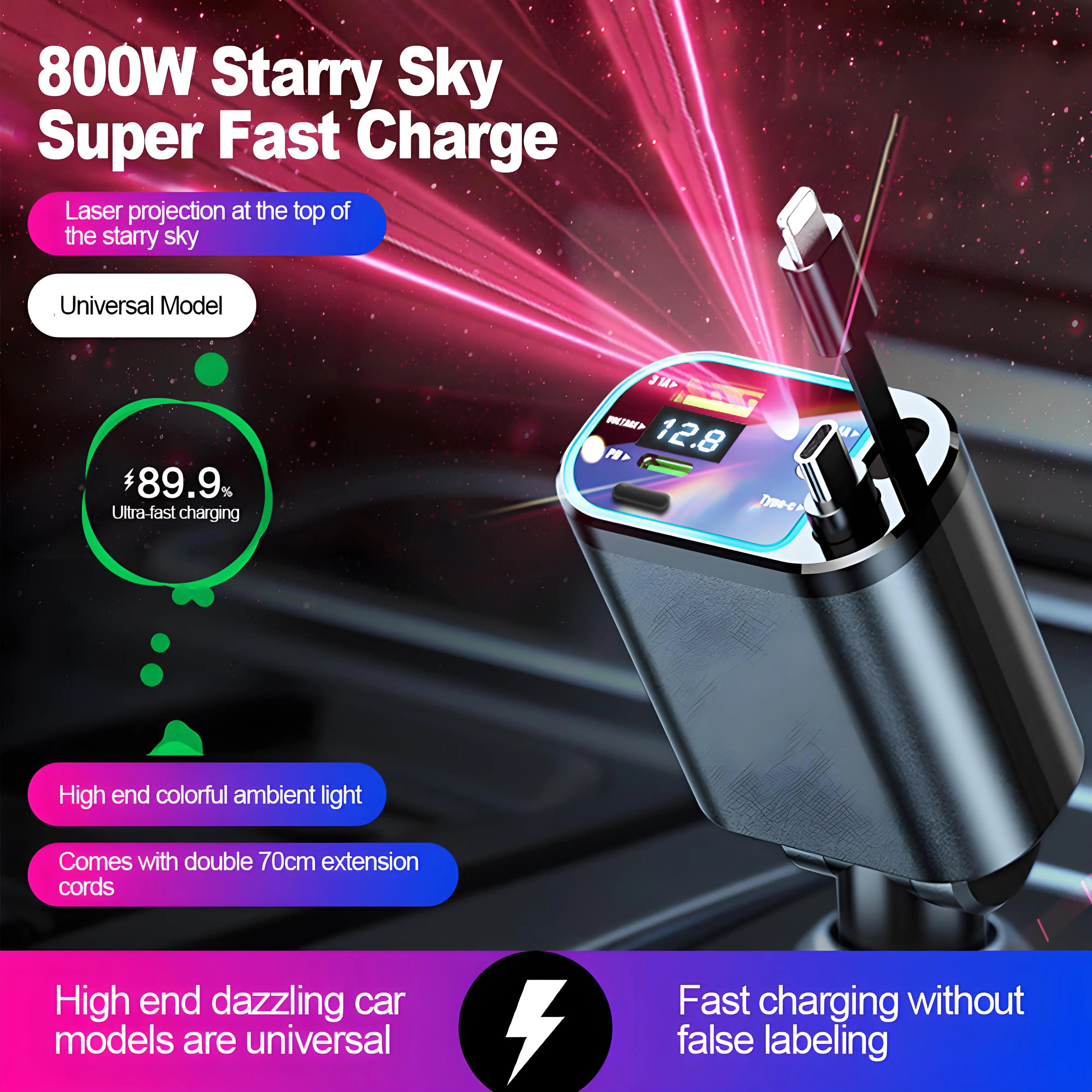 120W Retractable Car Charger with USB C Lightning Cable Starlight in Auto Roof Fast Charging for IPhone Samsung Phones