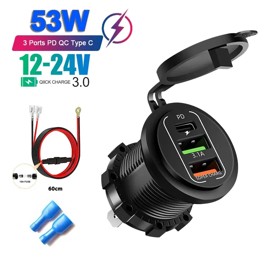 PD 3.0 QC 3.0 Car Charger Cigarette Lighter Socket Waterproof USB Fast Charge With Voltmeter Switch 12/24V Quick Charger Adapter