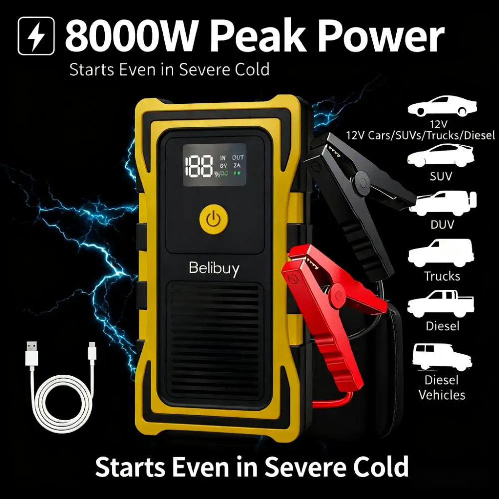 2000A Car Jump Starter, Power Bank and Emergency LED Light for All Diesel/Gasoline Cars 12V with Digital Display