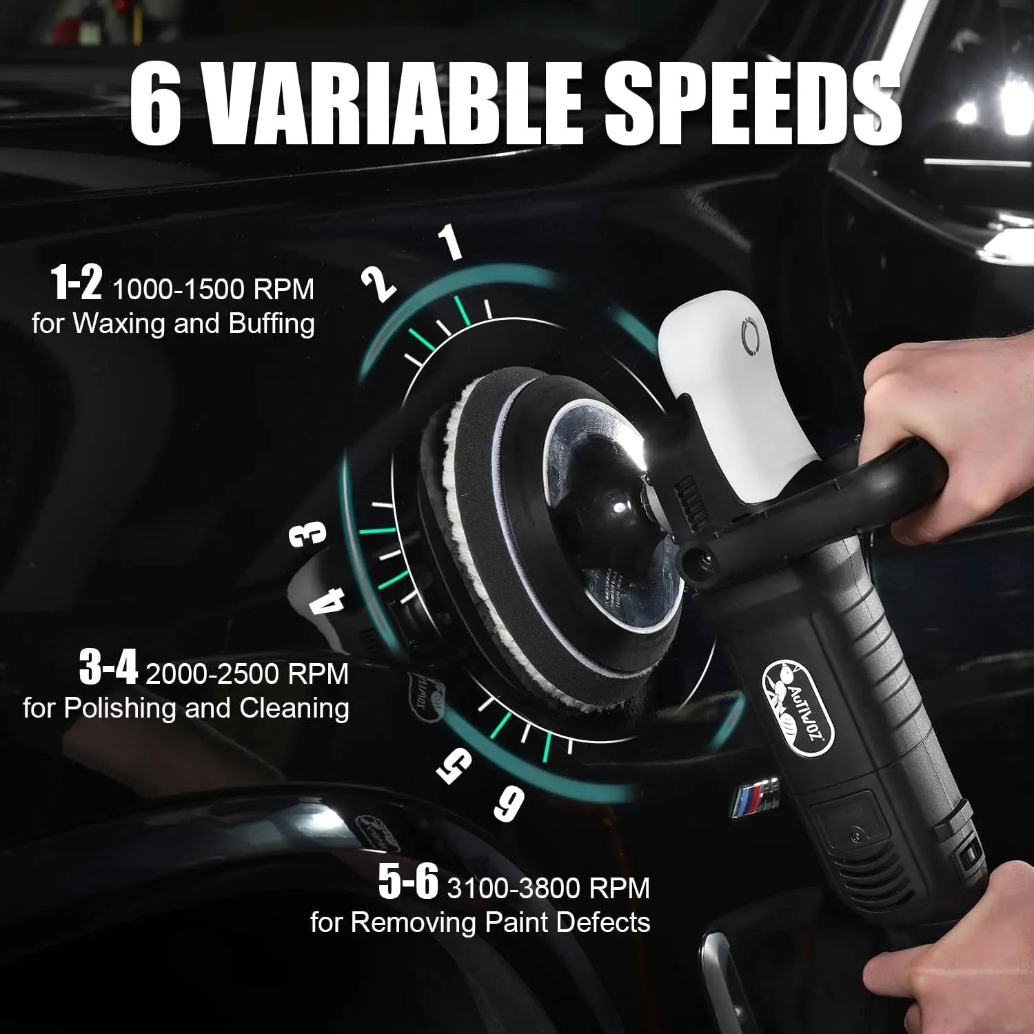AUTIWOZ 6 Inch Rotary Car Polisher Kit 1000-3800RPM with 6 Variable Speeds for Car Detailing Buffing and Waxing
