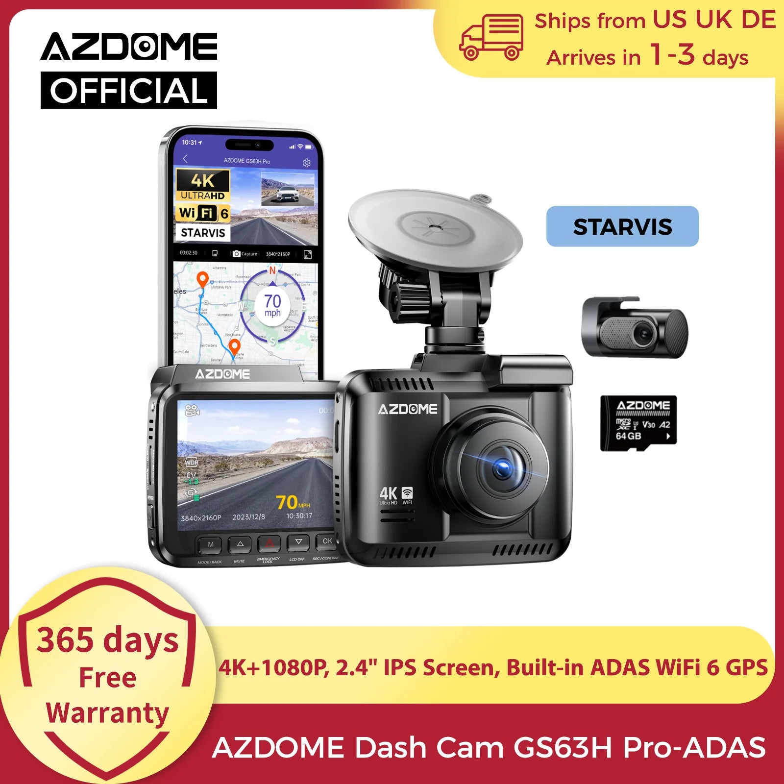 AZDOME Dash Cam GS63H Pro 4K+1080P 2.4" IPS Screen 150°FOV Built-in ADAS WiFi 6 GPS Car DVR G-Sensor 24H Parking Monitor Camare